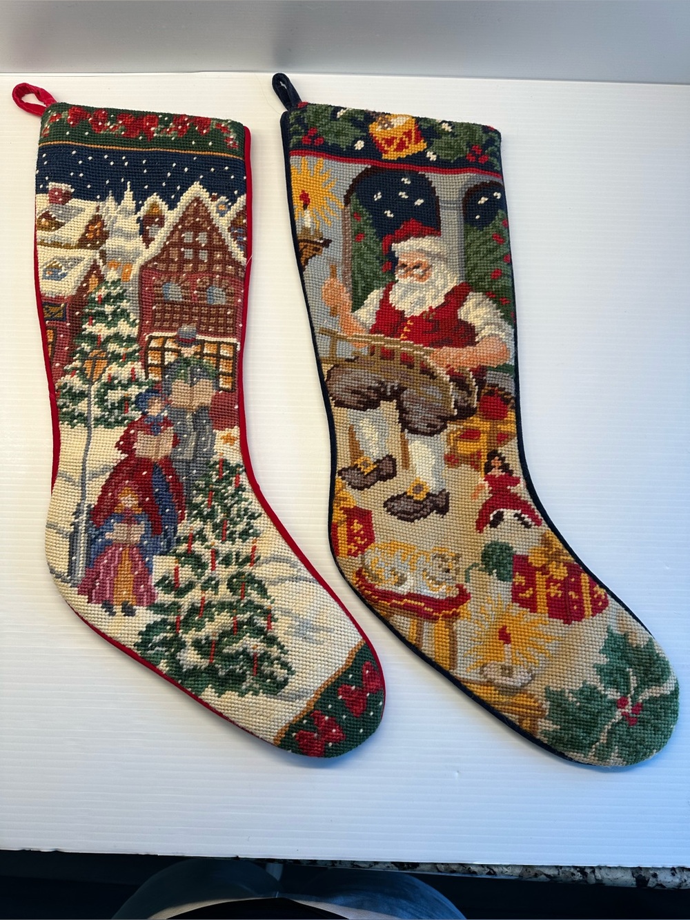 2 Needlepoint Christmas Stockings Santa Workshop Victorian Village Velvet Back